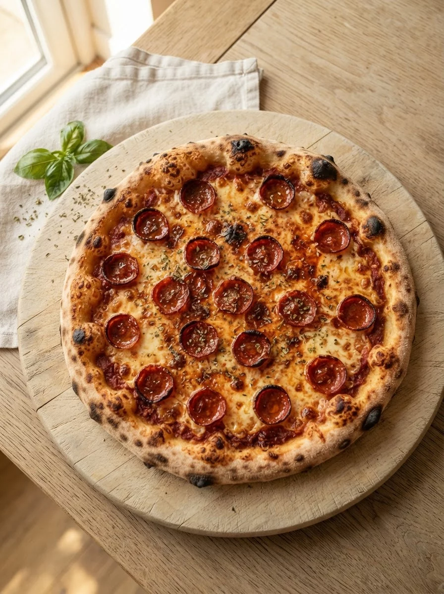 Pepperoni pizza with spicy salami slices and melted mozzarella top view