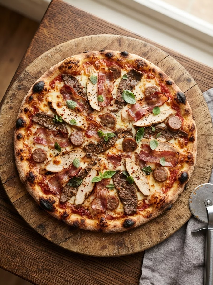 Meat lovers pizza with beef bacon ham and sausage on thin crust
