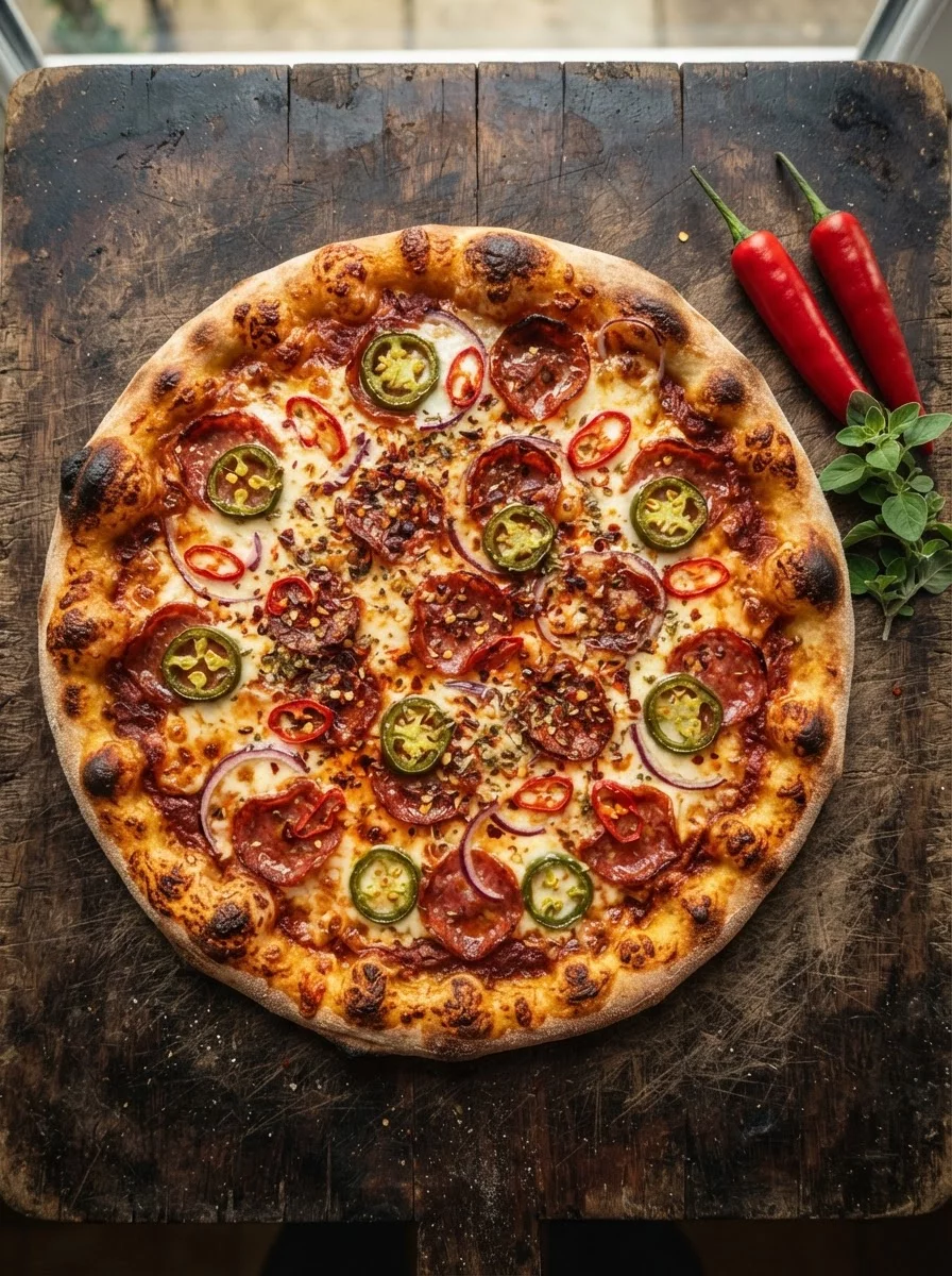 Spicy diablo pizza with red chili peppers jalapeno and salami