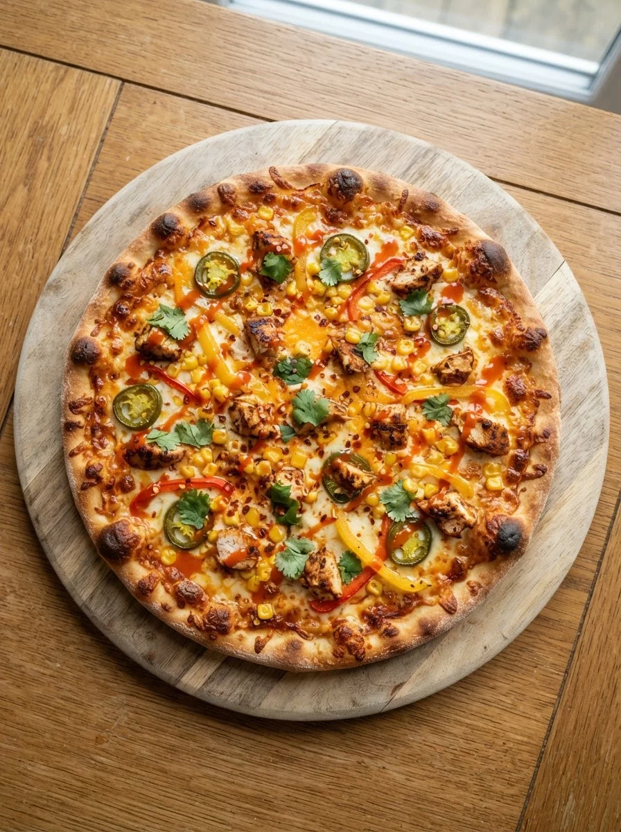 Spicy chicken pizza with jalapeno rings corn and hot sauce drizzle