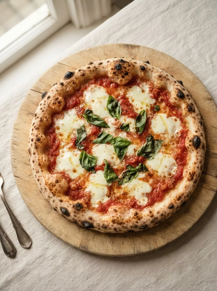 Classic margherita pizza with fresh basil leaves tomato sauce and mozzarella