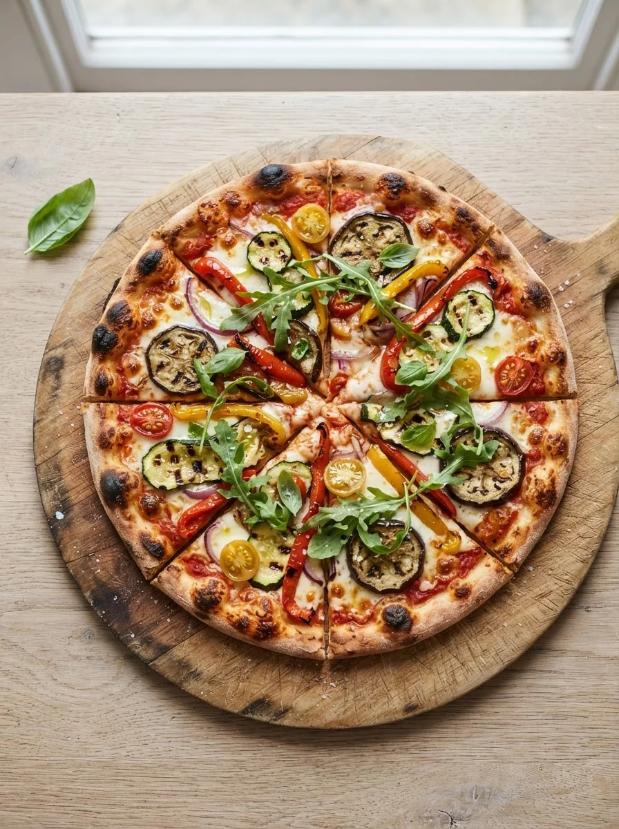 Vegetarian pizza with grilled zucchini eggplant bell pepper and cherry tomatoes