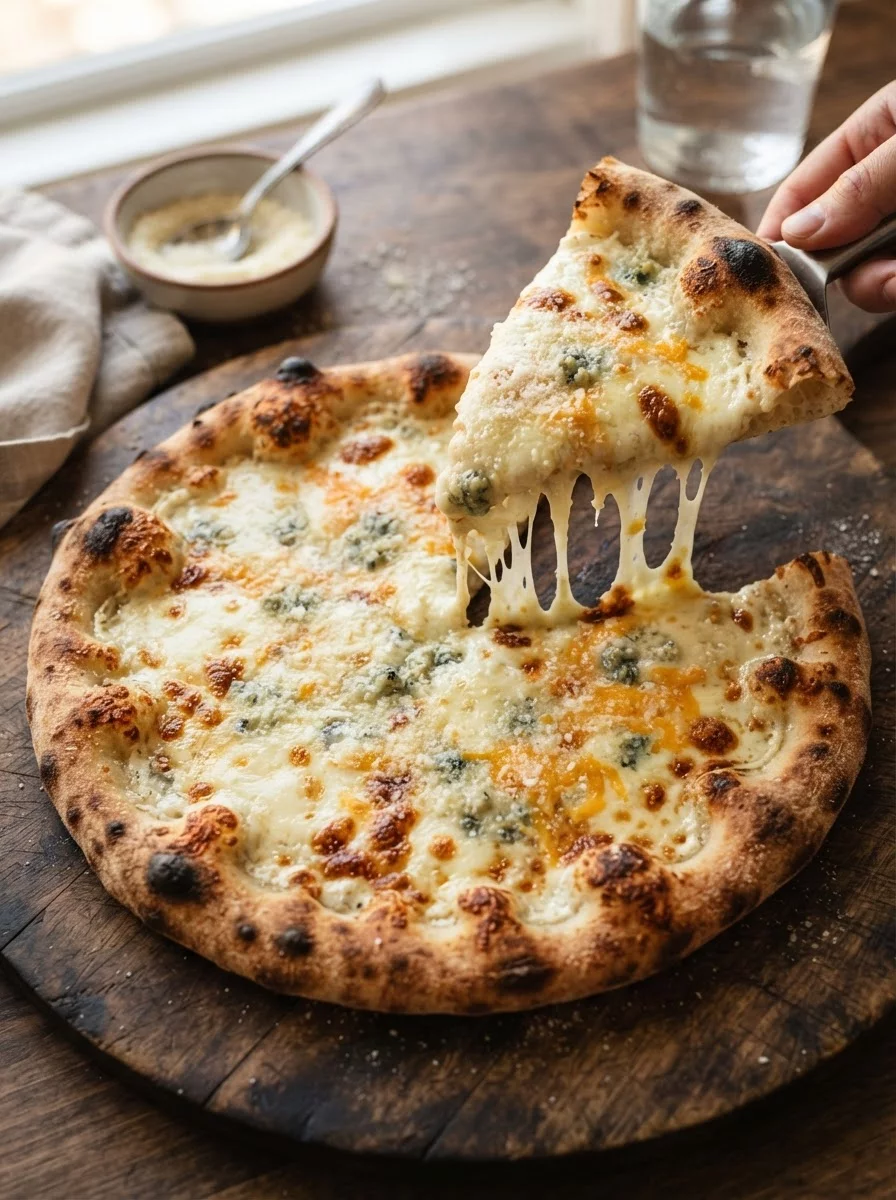 Four cheese pizza with melted mozzarella gorgonzola parmesan cheese pull