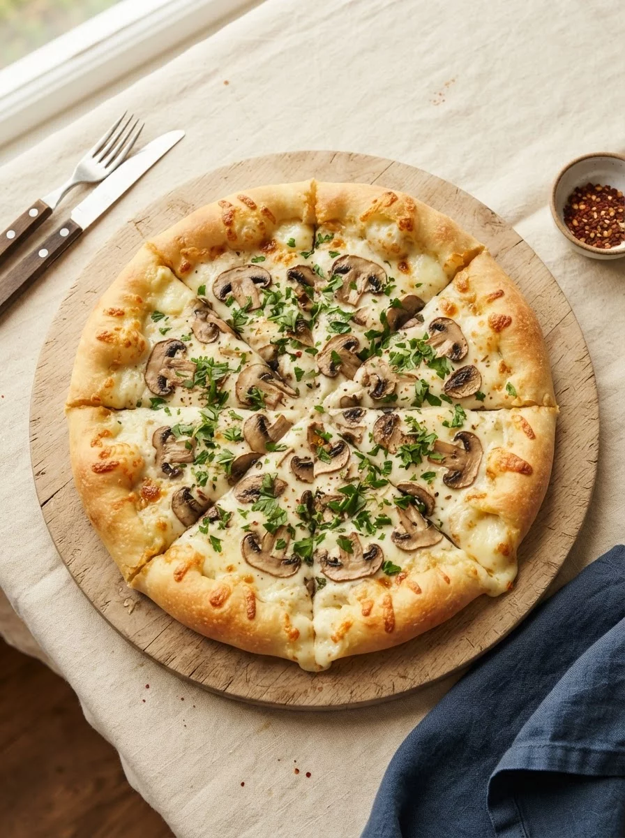 Cheese stuffed crust pizza with creamy white sauce and mushrooms