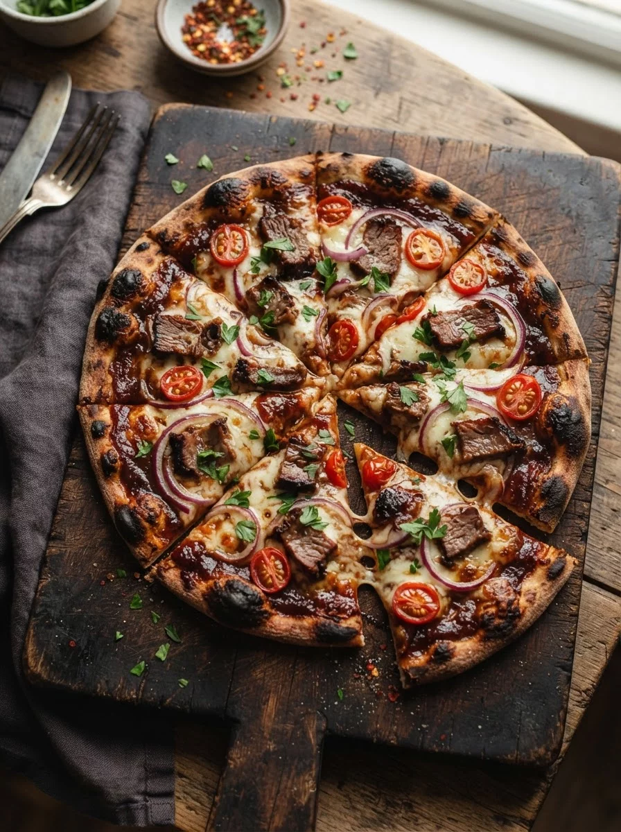 Barbecue beef pizza with red onion rings smoked sauce and parsley