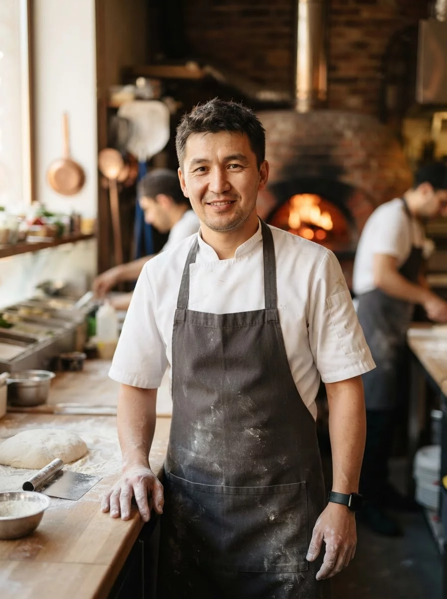 Kazakh male pizza chef in white uniform smiling in restaurant kitchen