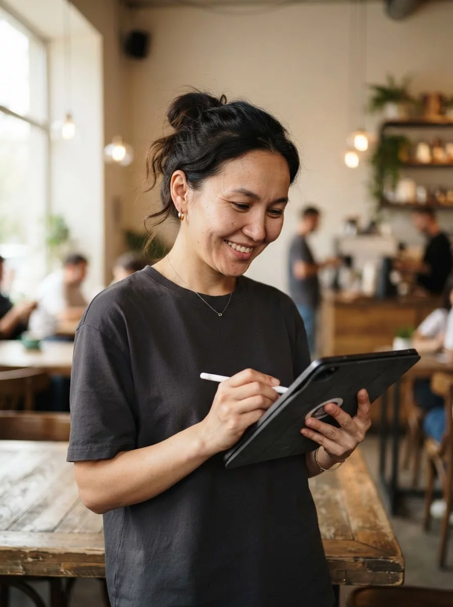 Kazakh female restaurant manager with tablet in modern cafe interior