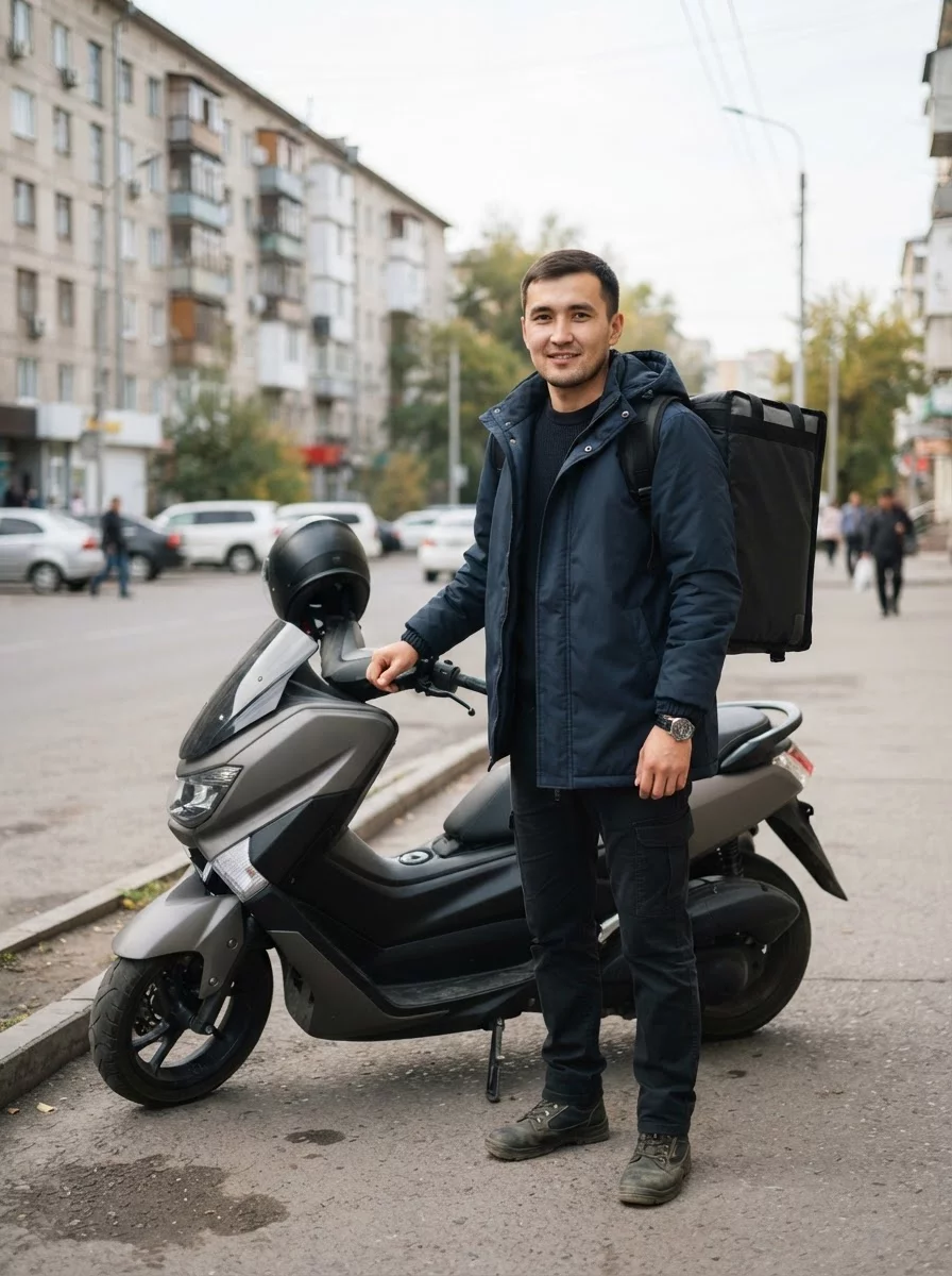 Kazakh male food delivery courier with insulated bag near scooter