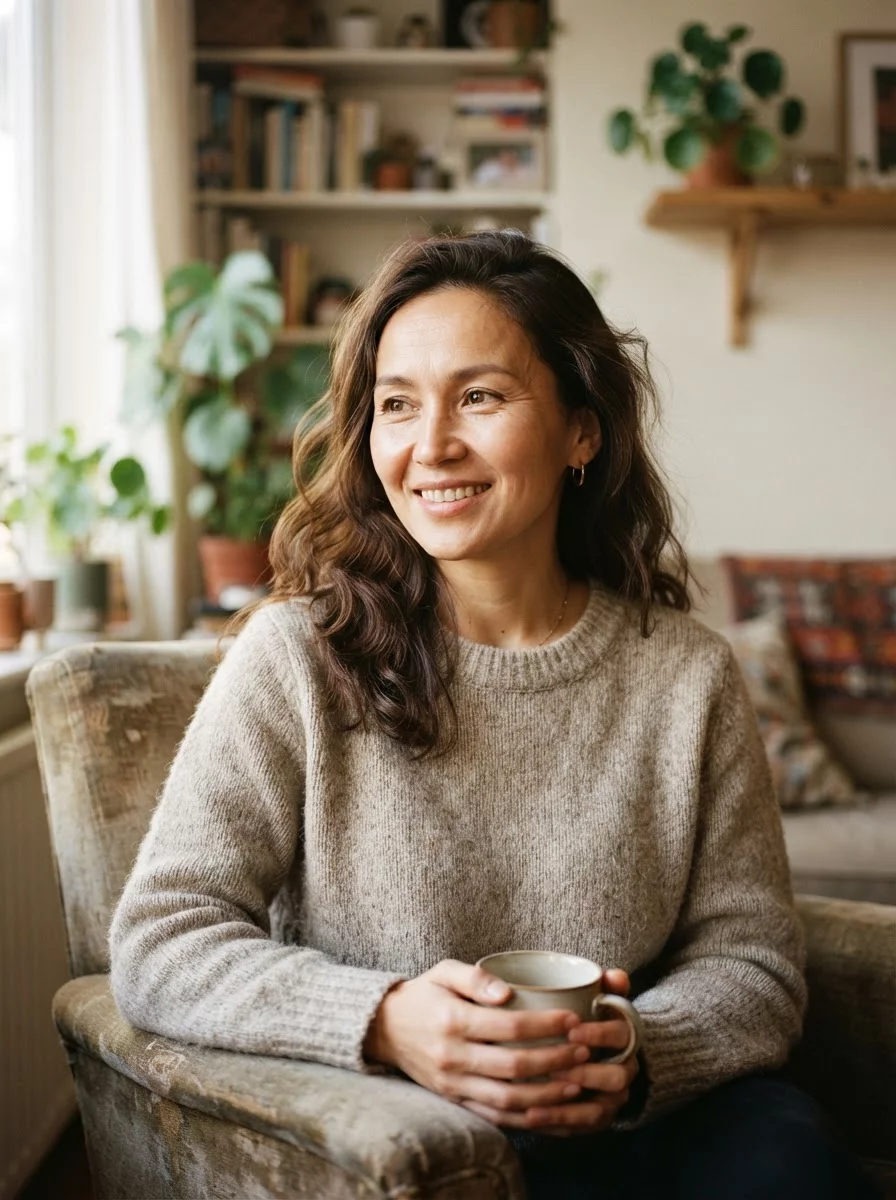 Smiling Kazakh female customer portrait in casual clothes