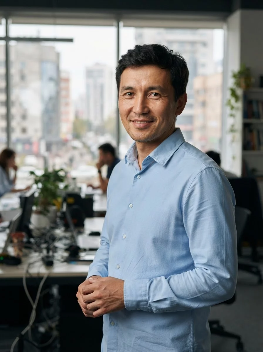 Kazakh male office worker portrait in shirt smiling