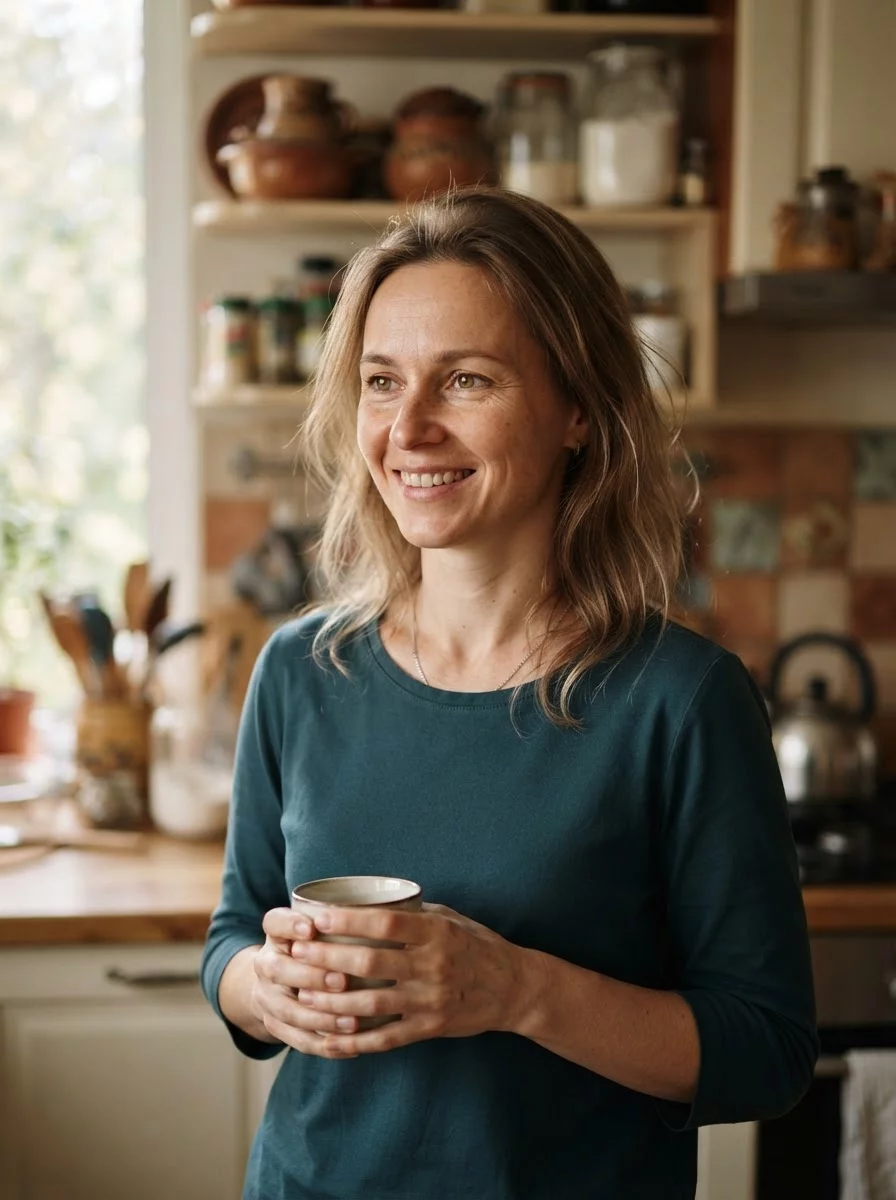 Russian female mother portrait smiling at home warm light