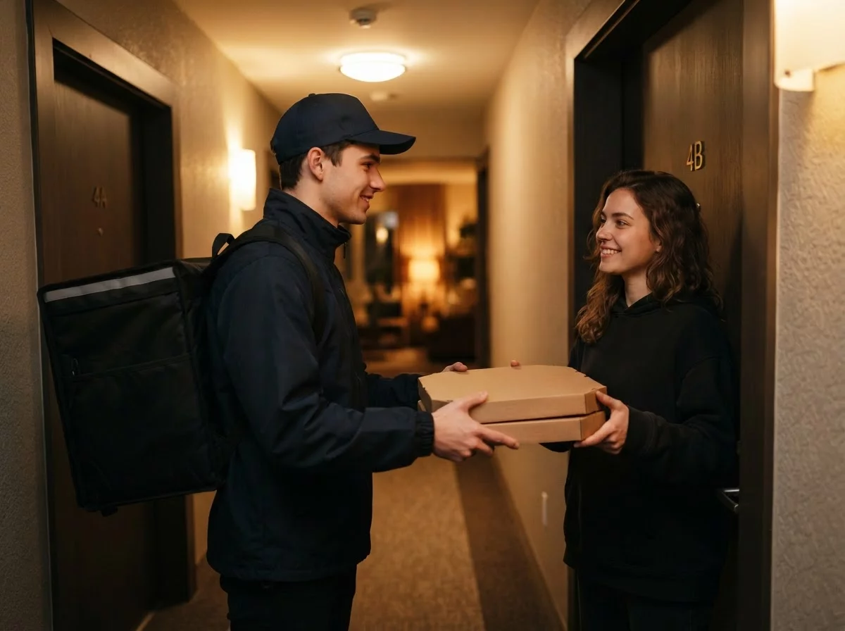 Courier delivering pizza box to customer at apartment doorstep evening
