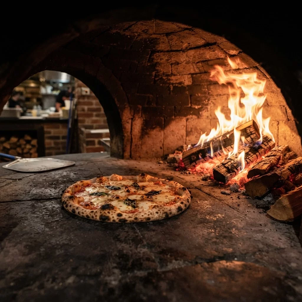 Wood fired pizza oven with burning flames and pizza inside