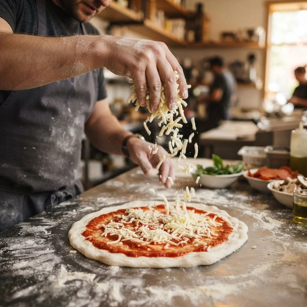 Hands sprinkling grated cheese over raw pizza dough on floured table