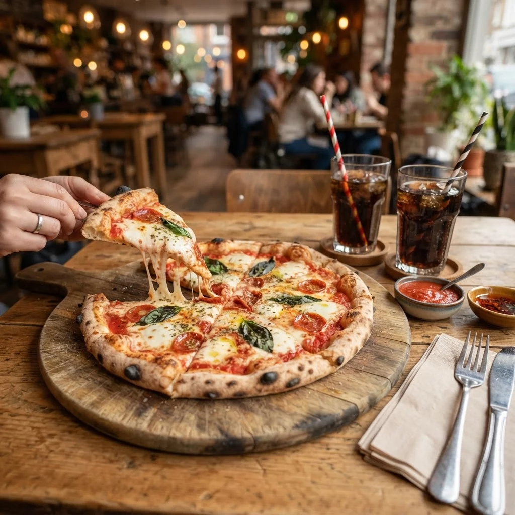 Sliced pizza served on wooden board with soda glasses on cafe table