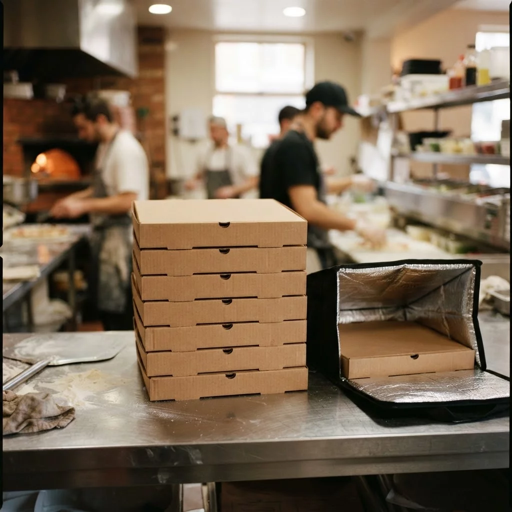 Stacked pizza delivery boxes ready for dispatch on kitchen counter