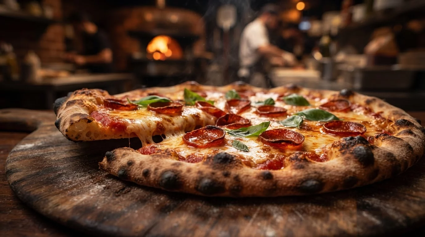 Fresh hot pepperoni pizza on wooden board with melted cheese and basil close up