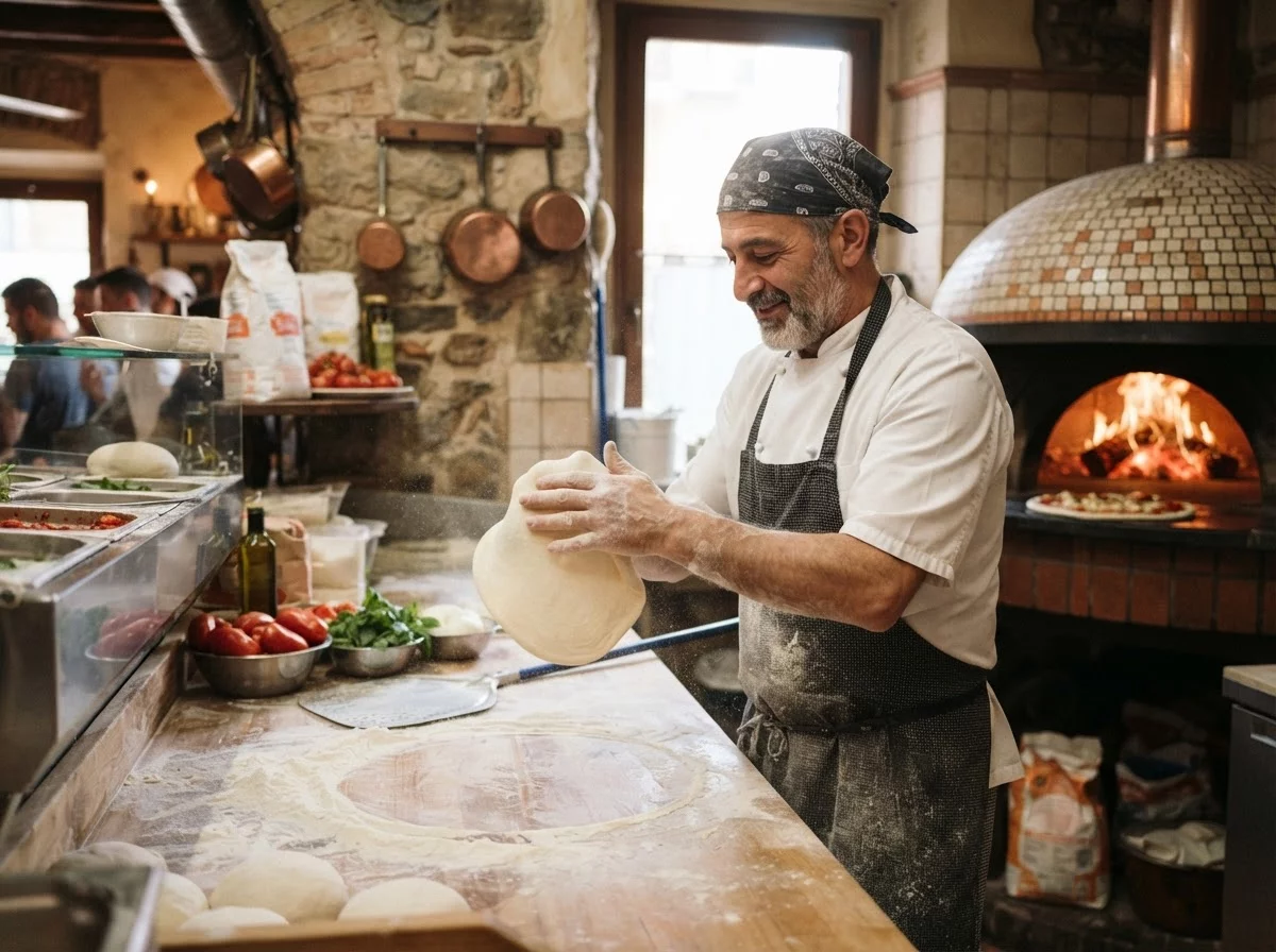 Italian pizza chef stretching dough in bright kitchen with wood fired oven